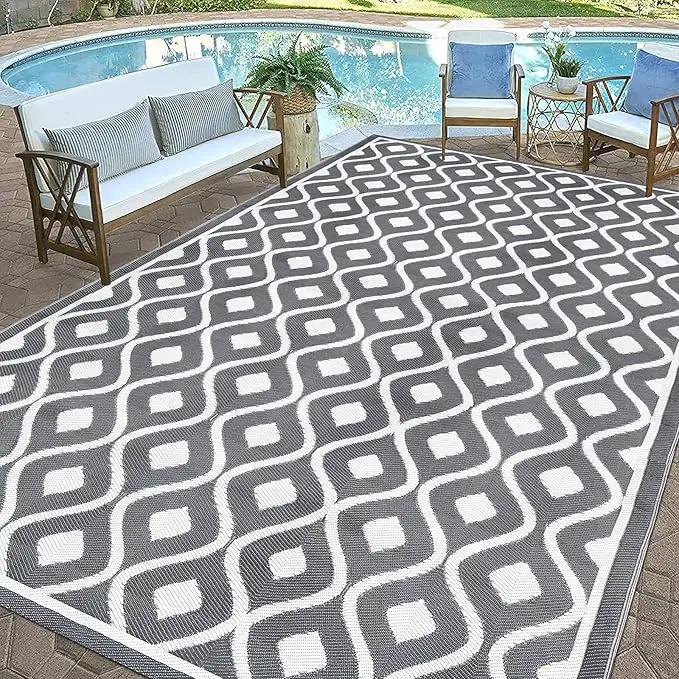 Pauwer Waterproof Outdoor Rug 8x10, Reversible Plastic Straw Patio Camping Rug, Indoor Outdoor RV Mat Carpet for Deck, Camper, Porch, Balcony, Backyard, Picnic, Geometric Grey by GreenHaven Gardens