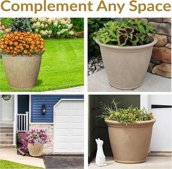 Sunnydaze 24-Inch Anjelica Large Plastic Pot for Plants - Outdoor Polyresin Round Planter with Drillable Drainage Holes - Beige by GreenHaven Gardens