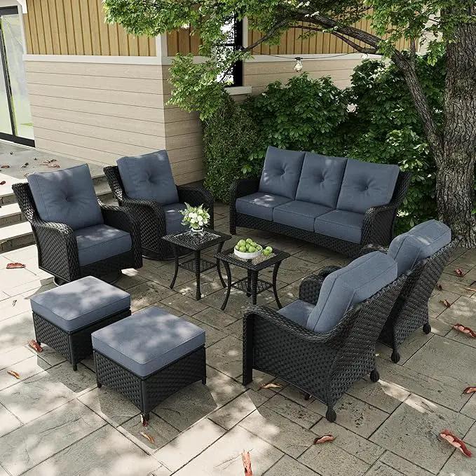 9 Pieces Outdoor Patio Furniture Sets with Rocking Swivel Chairs with 6-inch Thick Cushion and Side Table for Deck Lawn by GreenHaven Gardens