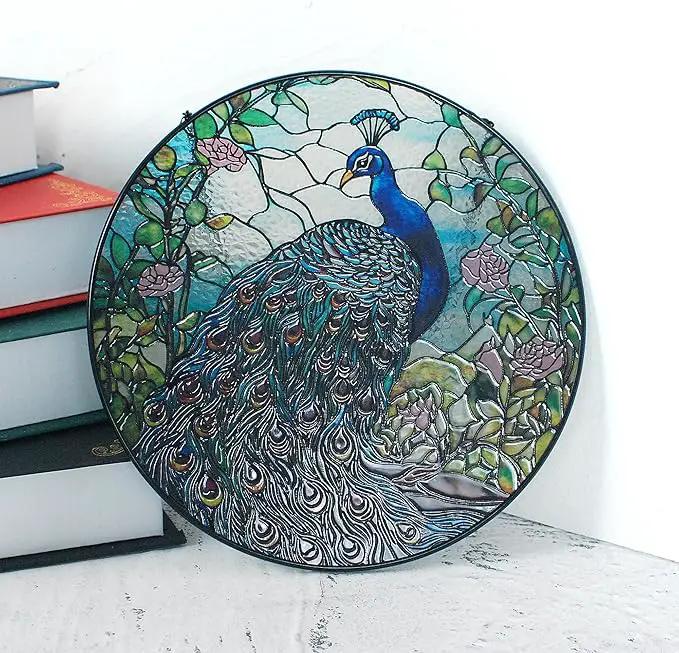 7.8'' Peacock Decor Suncatcher Stained Glass - Originally Designed Peacock Suncatchers for Sun Catchers Indoor Window | Gifts for Peacock Lovers Painted Glass Panel Decor Themed Gift by GreenHaven Gardens