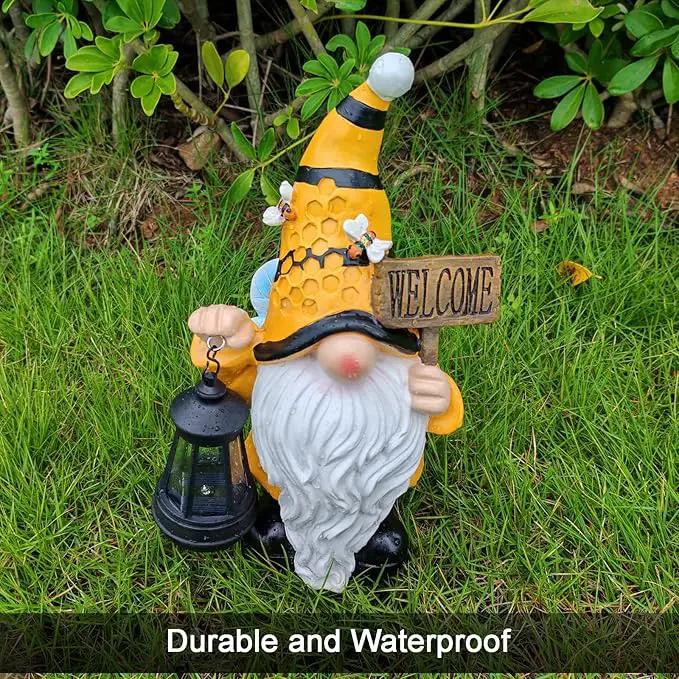 Gnome Garden Statues with Solar Lights Outdoor Gnomes Sculpture Yard Patio Decor for Lawn Ornaments Gardening Gifts（Bee Gnome by GreenHaven Gardens