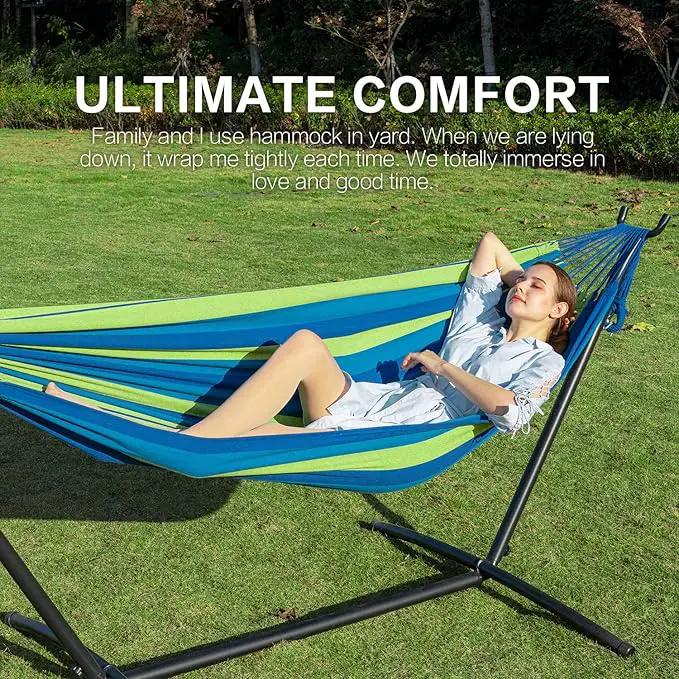 PNAEUT Double Hammocks with Stand for Outside, Portable Space Saving Heavy-Duty Steel Stand for Indoor Outdoor Patio with Carrying Bag, 450 lbs Capacity (Blue) by GreenHaven Gardens