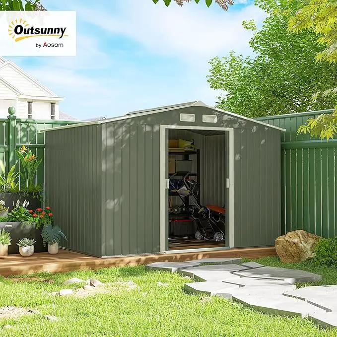 Outsunny 9' x 6' Outdoor Storage Shed, Garden Tool Metal Shed with Foundation Kit, Double Lockable Door, Air Vents and Sloping Roof, for Backyard, Patio, Lawn, Green by GreenHaven Gardens