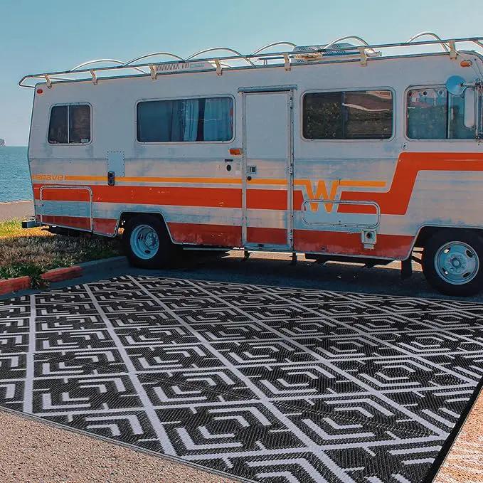 Outdoor Plastic Straw Rug, Waterproof Outdoor Rugs for Patios Clearance, Reversible Area Rug, Large Outside Carpet for Camping, Balcony, RV, Deck, Picnic, Beach (6x9ft Boho/Black&Grey) by GreenHaven Gardens