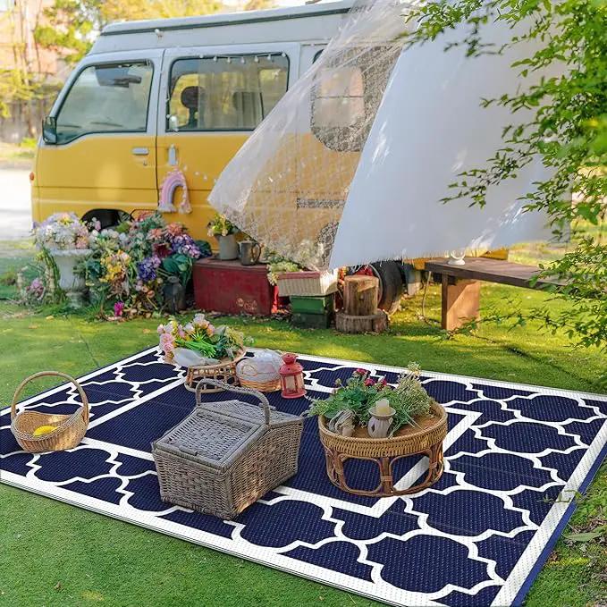 GENIMO 4' x 6' Outdoor Rug Waterproof for Patio Decor, Foldable Reversible Plastic Straw Area Rugs Mat for Camper, Outside Carpet for Rv, Deck, Porch, Picnic, Beach, Balcony, Blue & White by GreenHaven Gardens