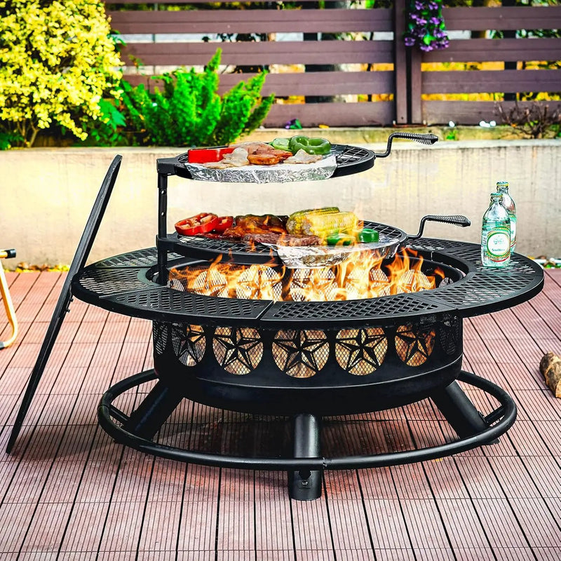 42 Inch BBQ Fire Pit with 2 Grills,3-in-1 Outdoor Round Metal Fire Pit Table with Lid,Fire Poker,Large Outdoor Wood Burning Firepits for Outside,Picnic,Bonfire Backyard Patio(Black) by GreenHaven Gardens
