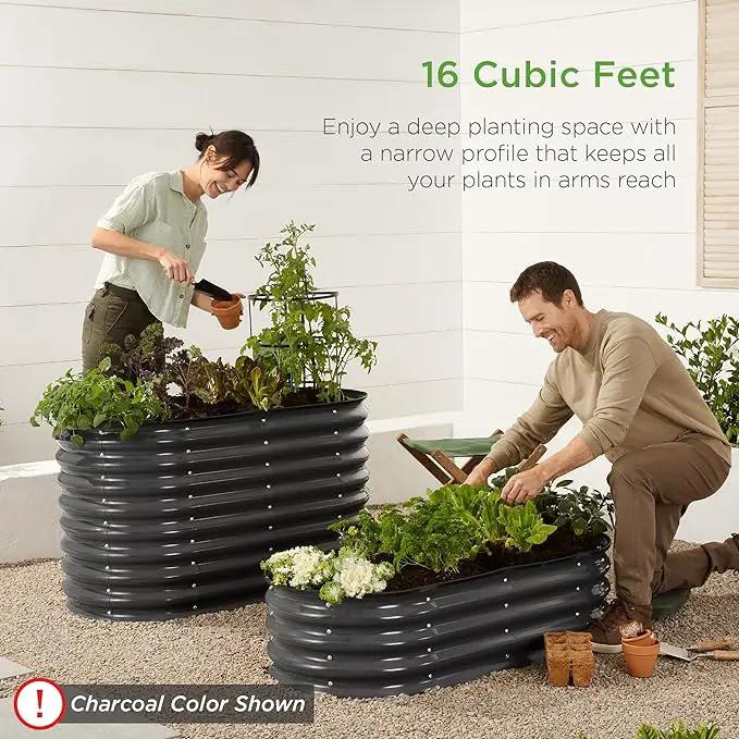 Best Choice Products 4x2x2ft Outdoor Metal Raised Garden Bed, Oval Deep Root Planter Box for Vegetables, Flowers, Herbs, and Succulents w/ 101 Gallon Capacity, Rubber Edge Guard - Wood Grain by GreenHaven Gardens