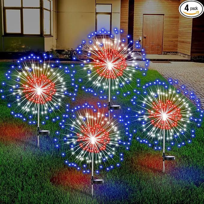 4th of July Decorations Outdoor 4 Pack Solar Power Yard Firework Lights Patriotic Garden Waterproof Solar Lights with 180 LED 8 Modes for Independence Day Party Decoration(Red, White, Blue) by GreenHaven Gardens