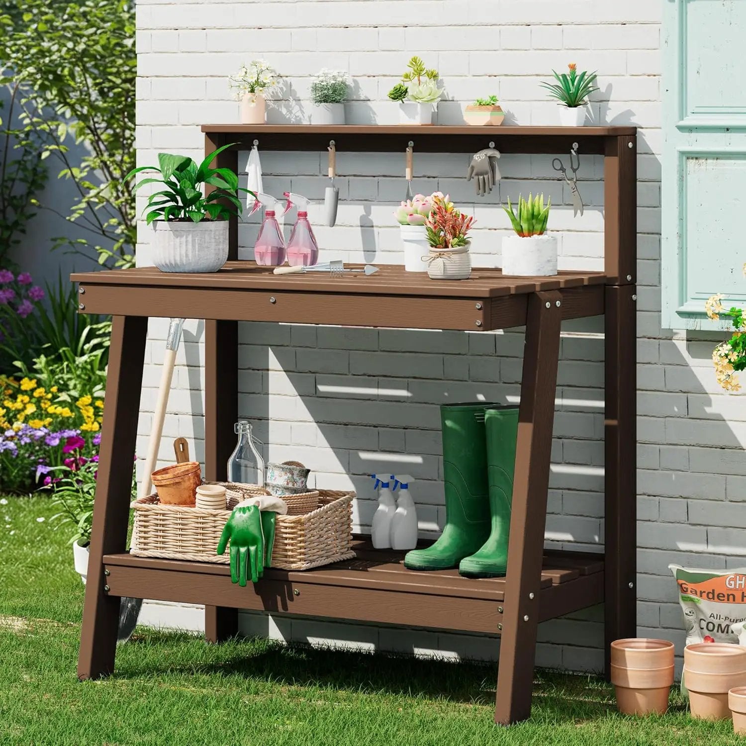 SERWALL Potting Bench Outdoor with Storage, 3-Tier HDPE Gardening Table with Angled Legs & Tool Hooks, All-Weather Heavy Duty Potting Table for Patio, Backyard, Garden, Brown by GreenHaven Gardens