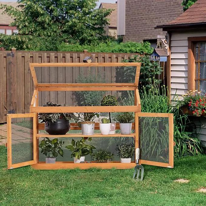 MCombo 2-Tier Wooden Cold Frame Garden Greenhouse Raised Flower Planter Shelf Bed Protection 6057-0160 (Orange) by GreenHaven Gardens