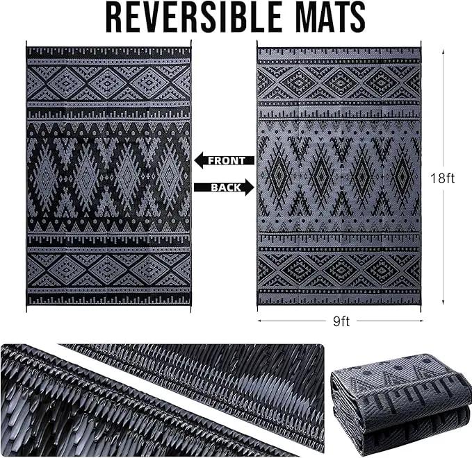 OLANLY Outdoor Rug Waterproof 9x18 ft, Reversible Outdoor Plastic Straw Rug, Boho Patio Rug, Indoor Outdoor Carpet, RV Mat Outside for Patio, Camp, Picnic, Balcony, Deck, Backyard, Black & Grey by GreenHaven Gardens