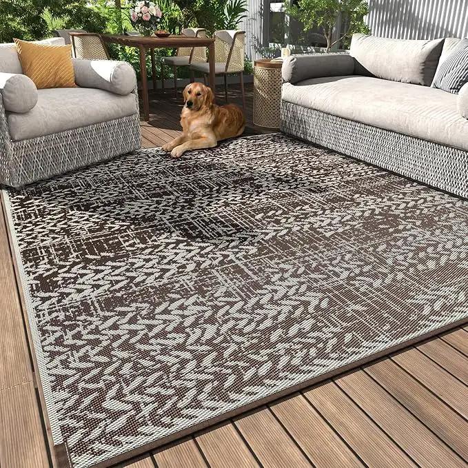 MontVoo Outdoor Rug 8x10 Waterproof-Patio Rug Mat Outdoor Carpet Reversible RV Camping Picnic Plastic Straw Rug Outside Outdoor Area Rug for Balcony Deck Backyard Patio Decor Boho Modern Brown by GreenHaven Gardens