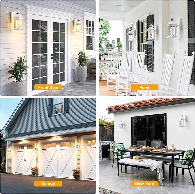 VIANIS White Motion Sensor Exterior Wall Light Lantern, Modern Dusk to Dawn Outdoor Porch Light Fixtures Wall Mount, Waterproof Outdoor Wall Sconce for Garage Entrance with Tempered Water-Ripple Glass by GreenHaven Gardens
