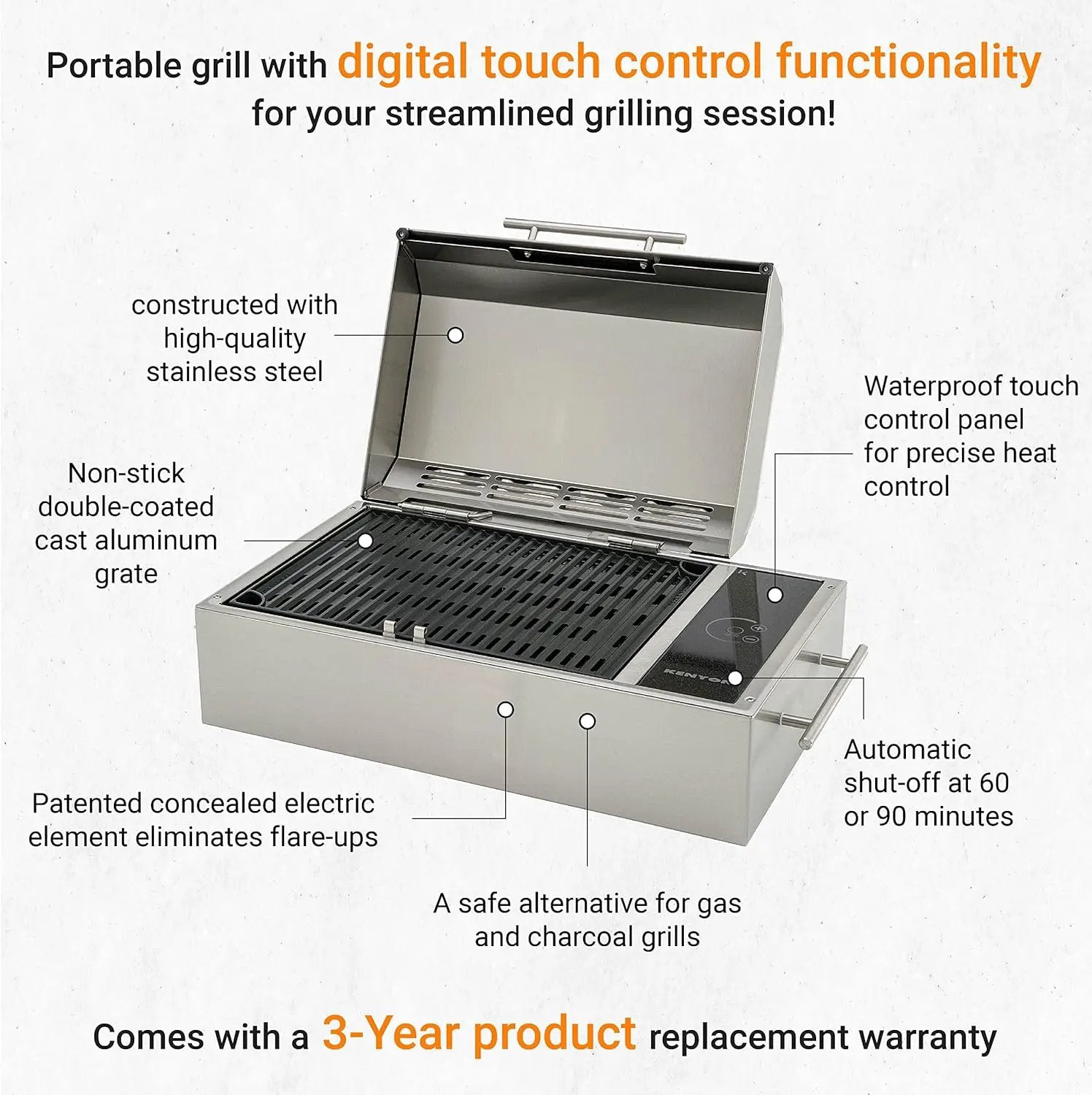 Kenyon Frontier Portable Electric Grill, Waterproof Digital Touch Control, UL-Approved For Indoor And Outdoor Use, Stainless Steel, Rust-Proof Grill, Quick Heat Up, Dishwasher Safe, 120V by GreenHaven Gardens