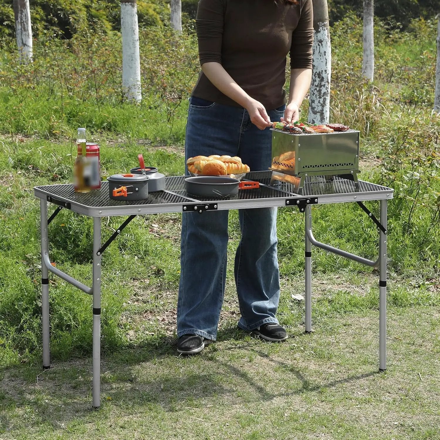 RedSwing Portable Grill Table for Outside, Aluminum Folding Grill Stand Table for Outdoor Camping Picnic BBQ, Lightweight Adjustable Height, (48"x24"x15"/28" Sliver) by GreenHaven Gardens
