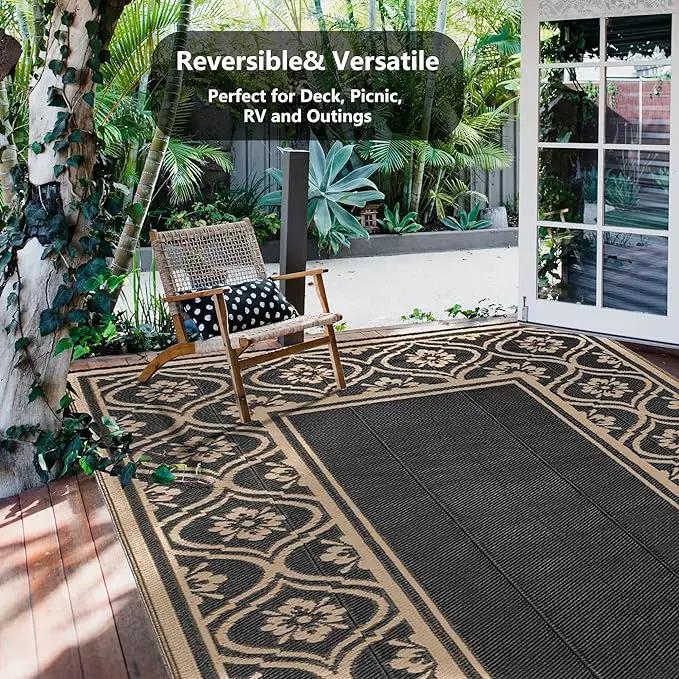 Outdoor Rug 9x12 Patio Waterproof Mat Camping Carpet Outside Area Rug Reversible Brown Rugs for RV Deck Entryance Porch Picnic Balcony Beach by GreenHaven Gardens