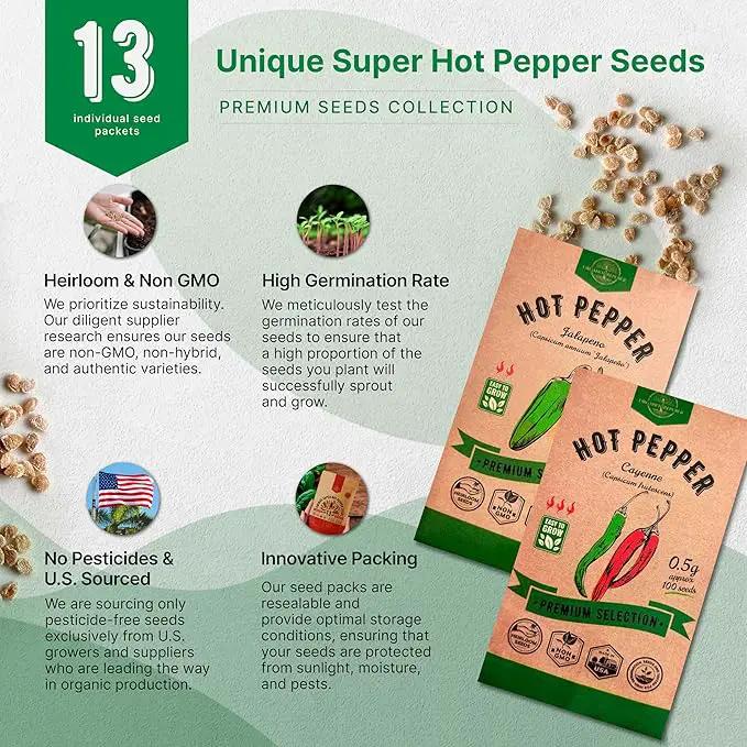 Organo Republic 13 Unique Super Hot Pepper Seeds Variety Pack - 1,020+ Non-GMO Heirloom Pepper Seeds for Outdoor and Indoor Home Gardening, Including Pepper Caloro, Firecracker, Habanero, Fresno Chili by GreenHaven Gardens