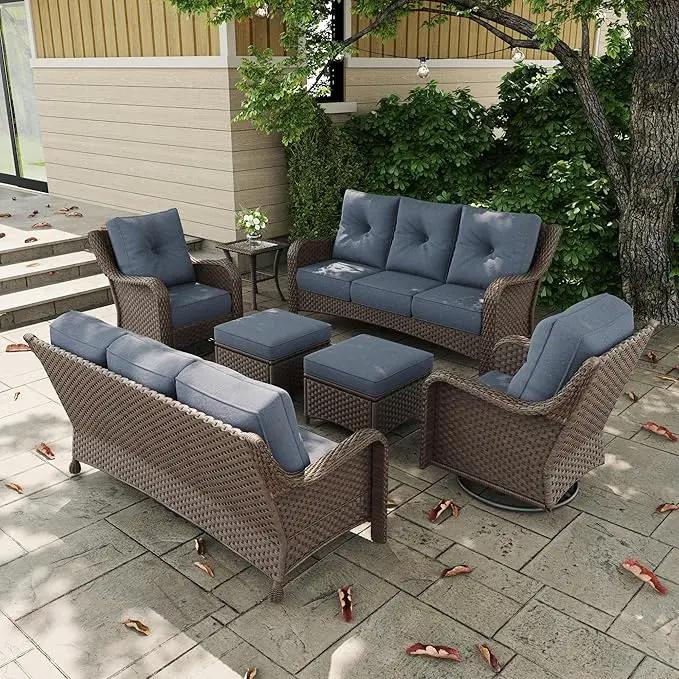 7 Pieces Outdoor Patio Furniture Sets with Rocking Swivel Chairs with 6-inch Thick Cushion and Side Table for Deck Lawn by GreenHaven Gardens