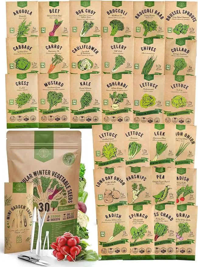 Organo Republic 30 Most Popular Winter Vegetable Garden Seeds Variety Pack- Outdoors/Indoor 8300+ Non-GMO Heirloom Veggie Seeds Broccoli Beet Carrot Cabbage Chives Lettuce Radish Pea Spinach & More by GreenHaven Gardens