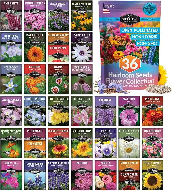 Survival Garden Seeds Functional Flower Garden Kit | 36 Pack Seed Starter Collection | Bee, Butterfly, Hummingbird, Pollinator-Friendly Blooms | Non-GMO Heirloom Beneficial Flowers & Wildflowers by GreenHaven Gardens