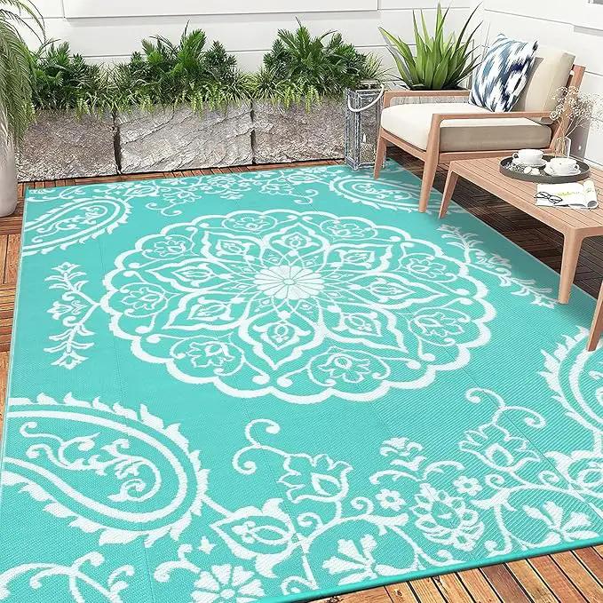 Pauwer Waterproof Outdoor Rug 8x10, Reversible Plastic Straw Patio Camping Rug, Indoor Outdoor RV Mat Carpet for Deck, Camper, Porch, Balcony, Backyard, Picnic, Boho Light Blue by GreenHaven Gardens