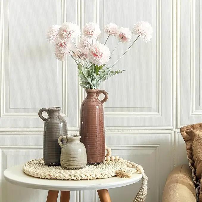 Ceramic Vases Set of 3, Neutral Rustic Farmhouse Vase with Handle, Decorative Flower Vases Home Decor Modern Boho Pampass Vase for Table Mantel Entryway Shelf Living Room Kitchen Bathroom - Brown by GreenHaven Gardens
