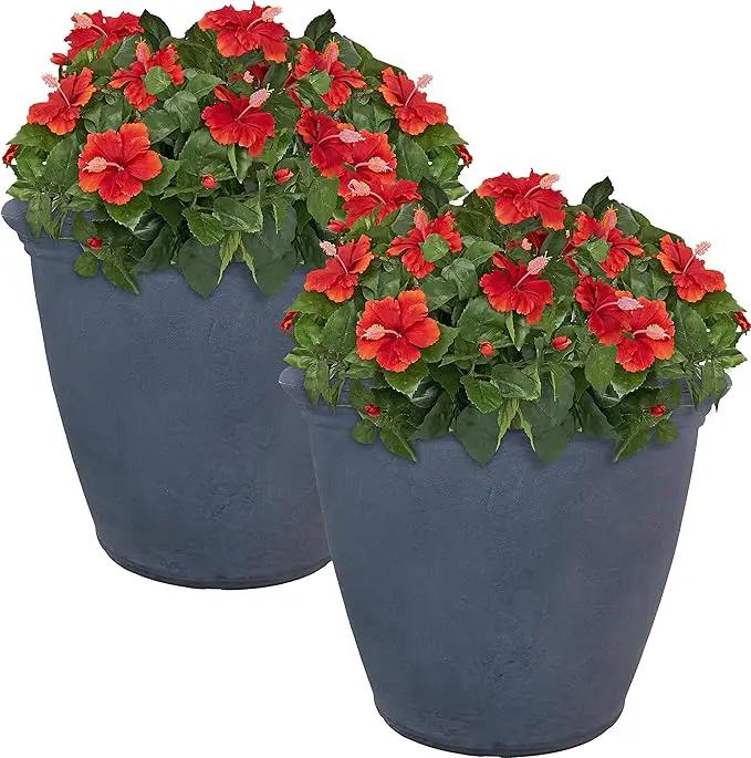 Sunnydaze 20-Inch Anjelica Large Plastic Pot for Plants - Outdoor Polyresin Round Planter with Drillable Drainage Holes - Slate - 2pk by GreenHaven Gardens