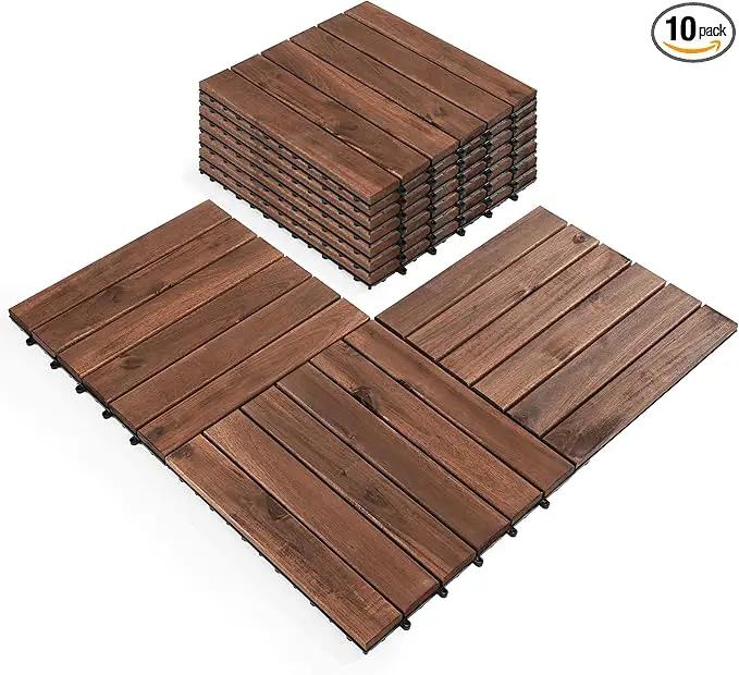 Pack of 10 Deck Tiles - 12"x12" Interlocking Natural Solid Acacia Wood for Outdoor & Indoor, Patio Garden, Balcony, Poolside - Brown Color by GreenHaven Gardens