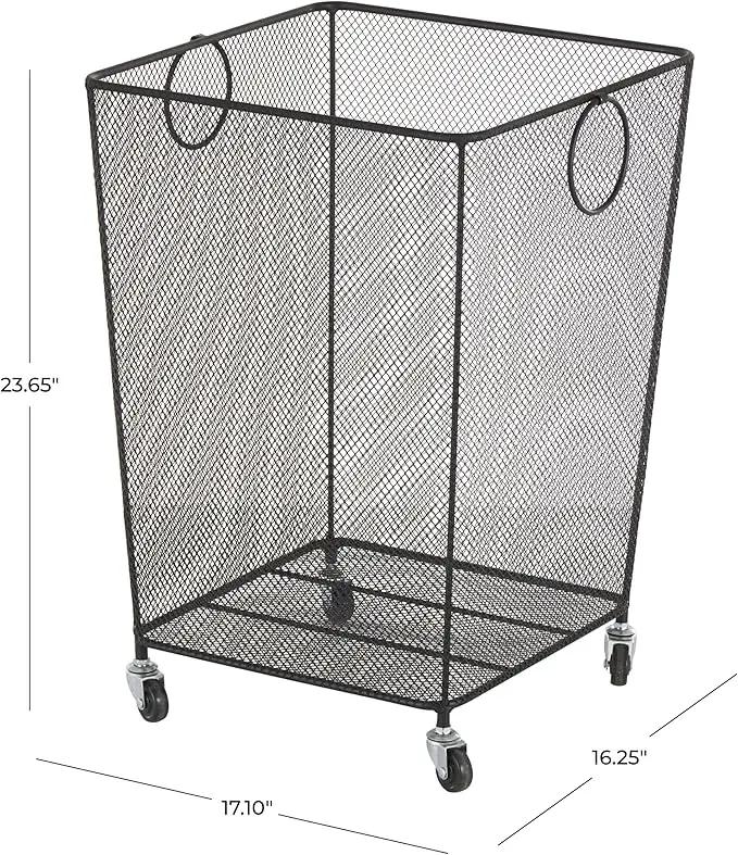 Deco 79 Metal Storage Basket Square Mesh Wire Rolling Laundry with Ring Handles, 17" x 16" x 24", Black by GreenHaven Gardens