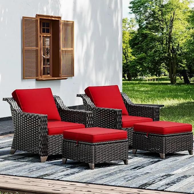 Joyside Wicker Patio Furniture Sets, 4 Pieces Upgraded Large Size Outdoor Furniture with Patio Dining Chairs and Outdoor Ottoman, Thick Cushions, Wide Armrest by GreenHaven Gardens