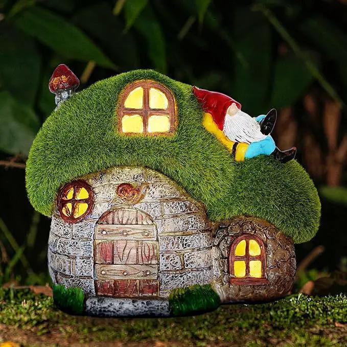 ILLUMINEW House Garden Statues with Solar Lights, LED Cute Flocked Fairy House with Gnomes Garden Figurine, Outdoor Patio Yard Lawn Decorations Gift by GreenHaven Gardens