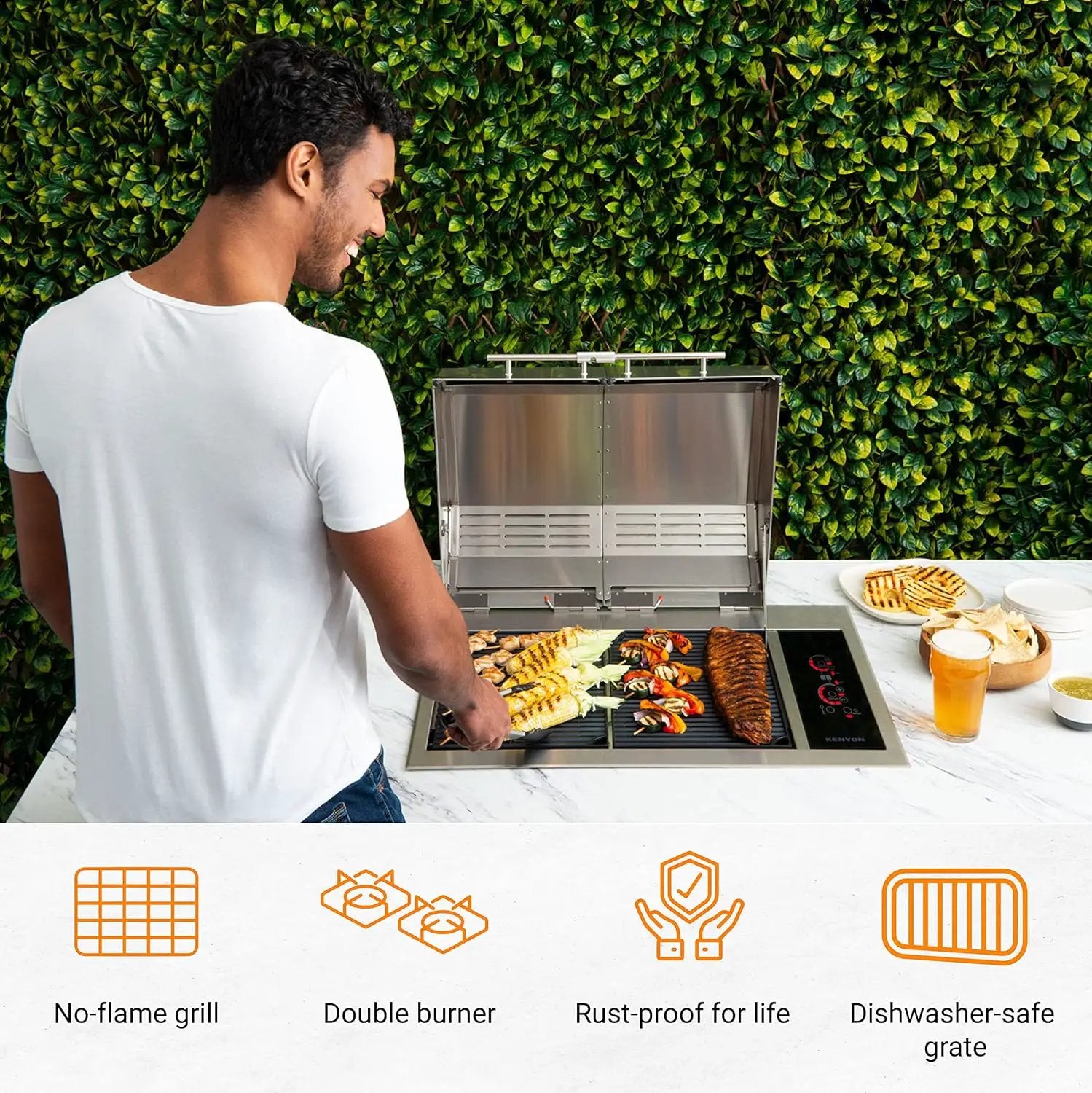 Kenyon Texan Built-In Electric Grill for Stone Counter, Standard Lite-Touch, Stainless Steel Grill with Split Lid for Indoor and Outdoor Use, 2 Burners, Quick Heat Up, Dishwasher Safe Grate, 240V by GreenHaven Gardens