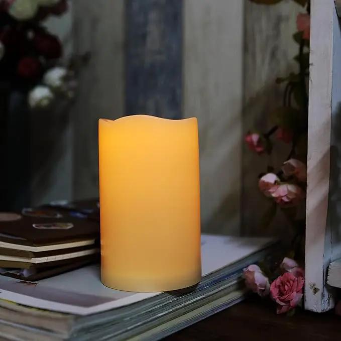 Waterproof Outdoor Battery Operated Flameless LED Pillar Candle with Timer Flickering Plastic Resin Electric Decorative Night Light Lantern Patio Garden Home Decor Party Wedding Decorations D3 xH5 by GreenHaven Gardens
