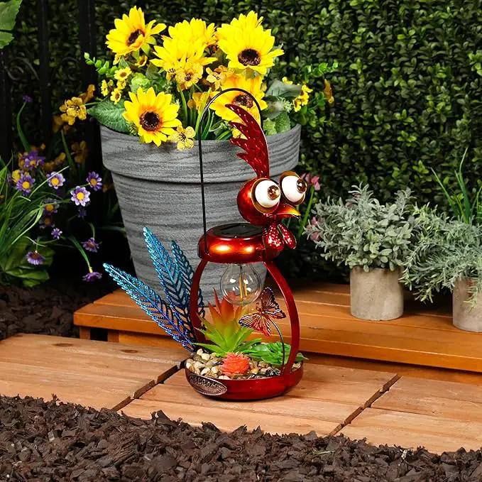 Alpine Corporation LYT286SLR-HH Solar-Powered Metal Rooster w/Garden Enclosed LED Light Decor, Solar Patio Decor, 16''H, Red by GreenHaven Gardens