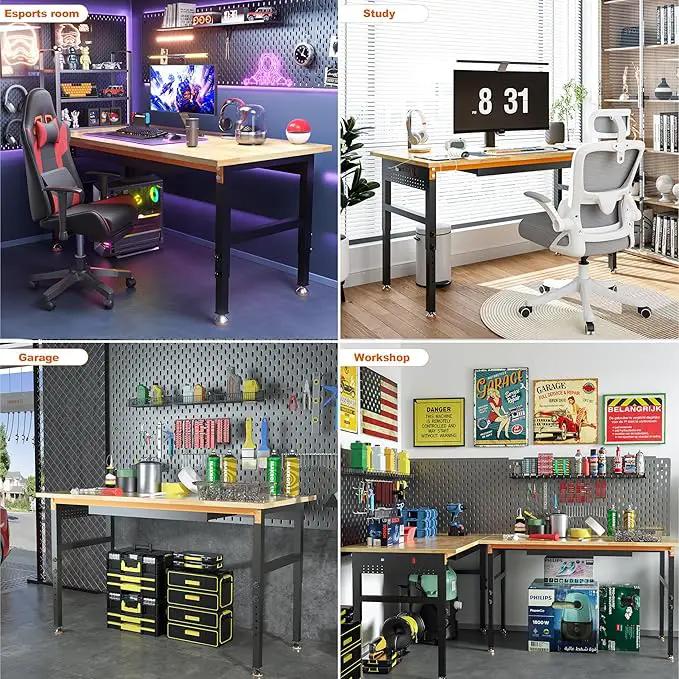 60" Adjustable Height Workbench, 2000 LBS Heavy Duty Work Table with Power Outlets & Pegboard, Rubber Wood Workstation for Garage, Workshop, Office, Home, Commercial by GreenHaven Gardens
