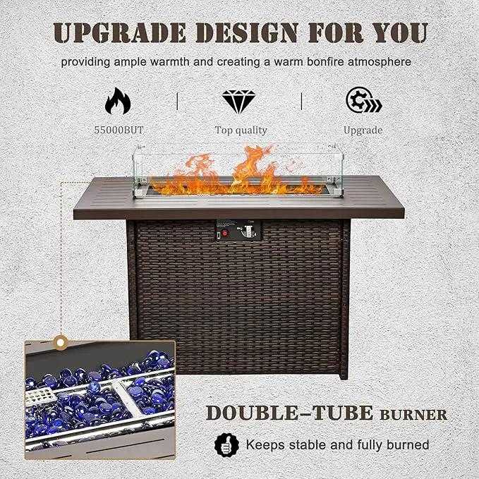 Propane Fire Pit Table,44 Inch 55000 BTU Outdoor Gas Fire Pit Rectangular with Glass Wind Guard for Outside Patio Deck (Brown-Aluminum Top) by GreenHaven Gardens