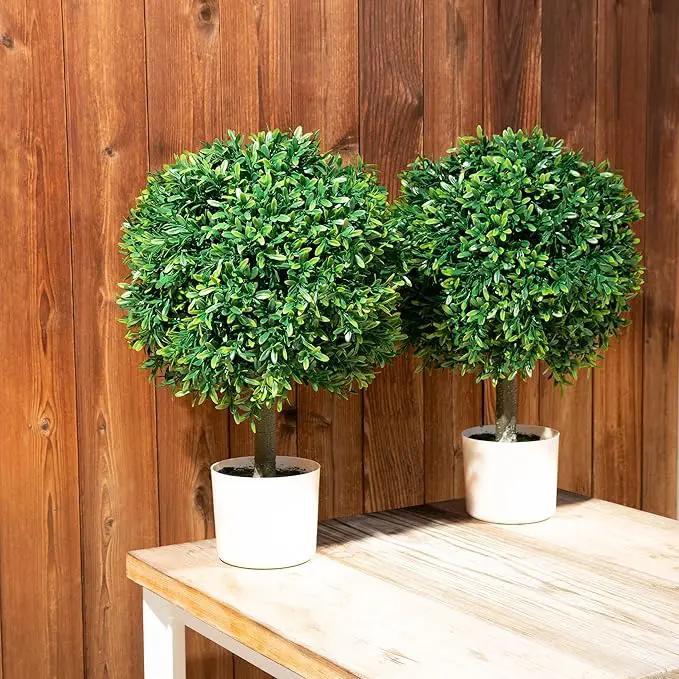 Premium 16" Diameter Artificial Japanese Boxwood Topiary – Set of 2 Faux Plants in Beige Decorative Planters – Realistic, UV-Resistant, Weatherproof Outdoor & Indoor Décor by GreenHaven Gardens