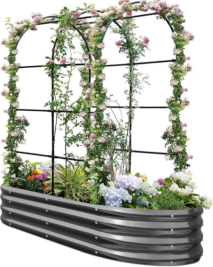 KING BIRD Raised Garden Bed with Arched Trellis Galvanized Planter Garden Box Outdoor for Gardening, Climbing Vegetables, Flowers 5.9x2.95x0.98 Ft, Dark Grey by GreenHaven Gardens