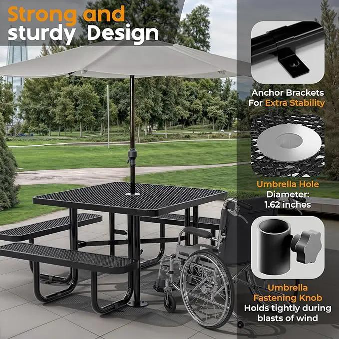 Metal Picnic Tables for Outdoors with Umbrella Hole - Coated Steel Heavy Duty Commercial Grade Table with Adjustable Seats (Black, 46 in, Square, Expanded Steel) by GreenHaven Gardens