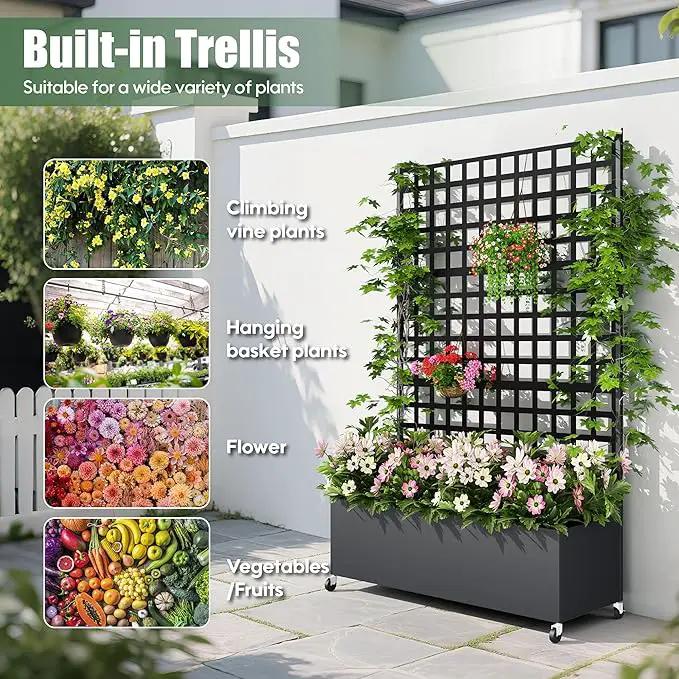 Metal Planter Box with Trellis Privacy Screen, Raised Garden Bed with Lattice Trellis & Wheels, Privacy Planters for Patio, Planter Box for Climbing Plants, Flower, 73"x 47"x 16", Black by GreenHaven Gardens