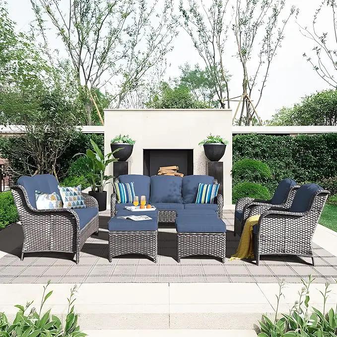 ovios 8 Pieces Patio Furniture Set, Outdoor Wicker Sofas with 2 Chairs, 4 Ottomans and Comfy Cushions, All Weather High Back Couch Set for Deck Porch, Grey Rattan, Denim Blue by GreenHaven Gardens