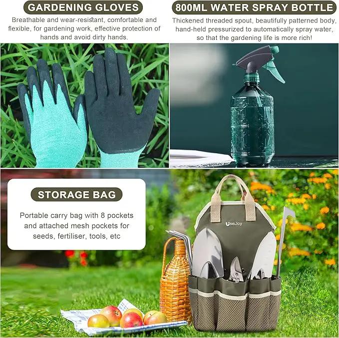 Gardening Tools Set of 9 Garden Hand Tools with Wooden Handles with Garden Bag for Tools Durable Hand Tools for Gardening,Weeding,Ideal Gifts for Women,Men,Parents and Grandparents by GreenHaven Gardens
