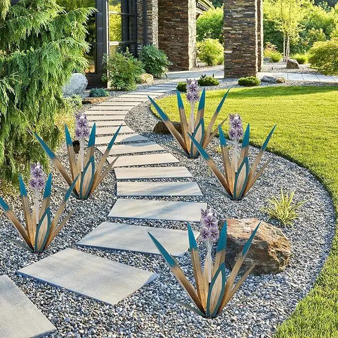 Metal Agave Plant Garden Art, 2 Pack Tequila Rustic Sculpture, Rustic Metal Agave Plants Lawn Home Ornaments, for Yard Stakes, Garden Figurines, Outdoor Patio (2 PCS Purple Flowers) by GreenHaven Gardens