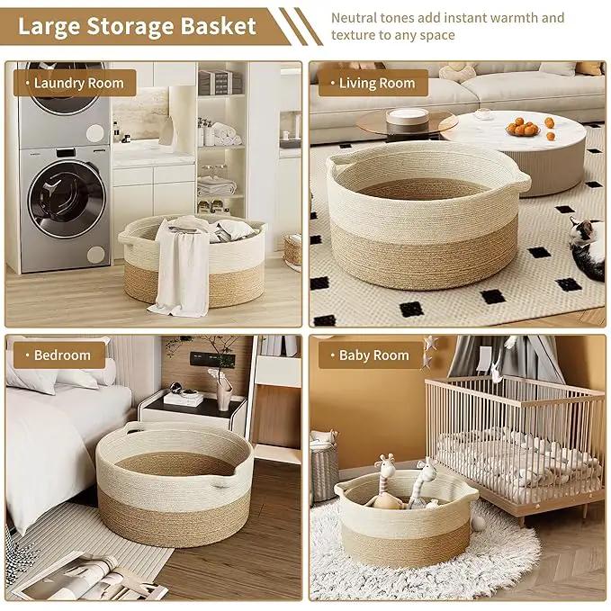 125L Extra Large Blanket Basket, 25" x 16", Jumbo Laundry Woven Baskets Decorative Home, Cotton Rope Basket with Handles, Baby Toy Baskets for Storage, White & Brown,2PC by GreenHaven Gardens