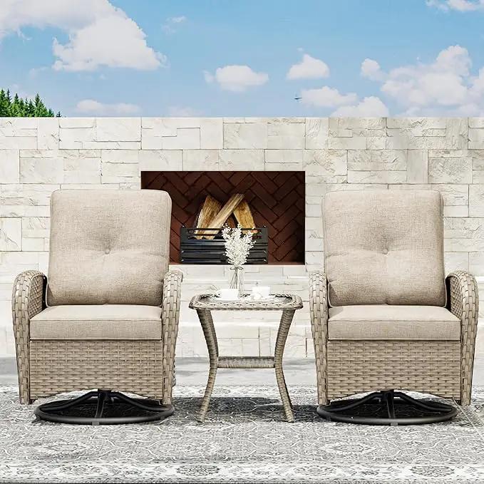 Joyside Outdoor Swivel Rocker Chairs, 3 Piece Wicker Patio Set with Thick Cushion and Side Table, Rattan Patio Swivel Rocking Chairs for Porch, Deck Use (Natural/Beige, 3 PCS) by GreenHaven Gardens