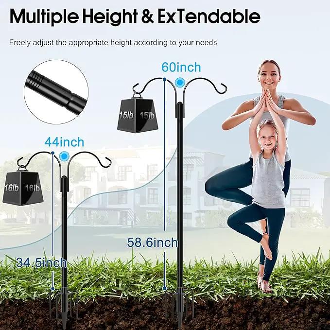 Ottsuls Bird Feeder Pole, 2 Pack 60 INCH Double Shepherds Hooks for Outdoor, with 5 Base Prongs Heavy Duty Tall Garden Planter Hooks for Hanging Flower Basket, Lantern, Hummingbird Feeder by GreenHaven Gardens