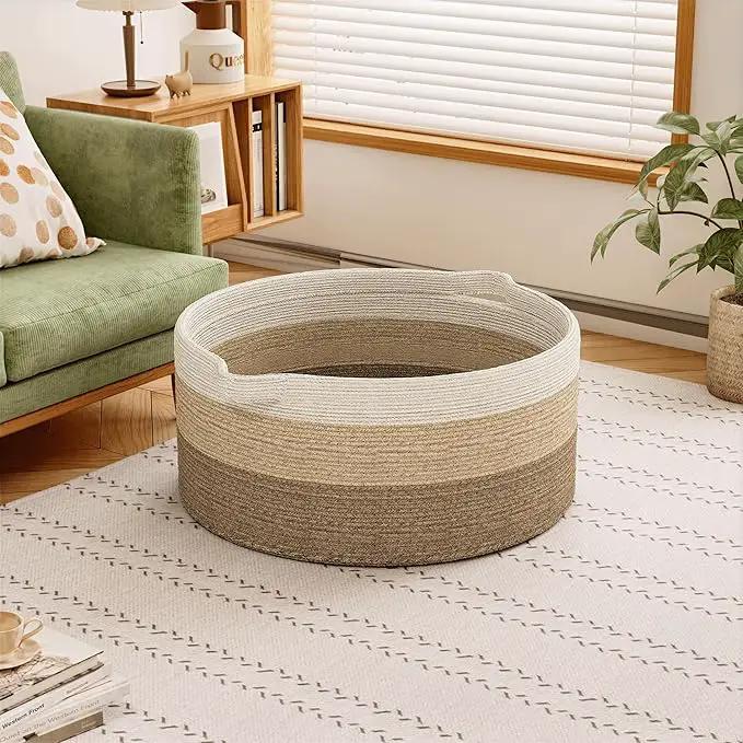 125L Extra Large Blanket Basket, 25" x 16", Jumbo Laundry Woven Basket Decorative Home, Cotton Rope Basket with Handles, Baby Toy Basket for Storage, Gradual Brown, 2PC by GreenHaven Gardens