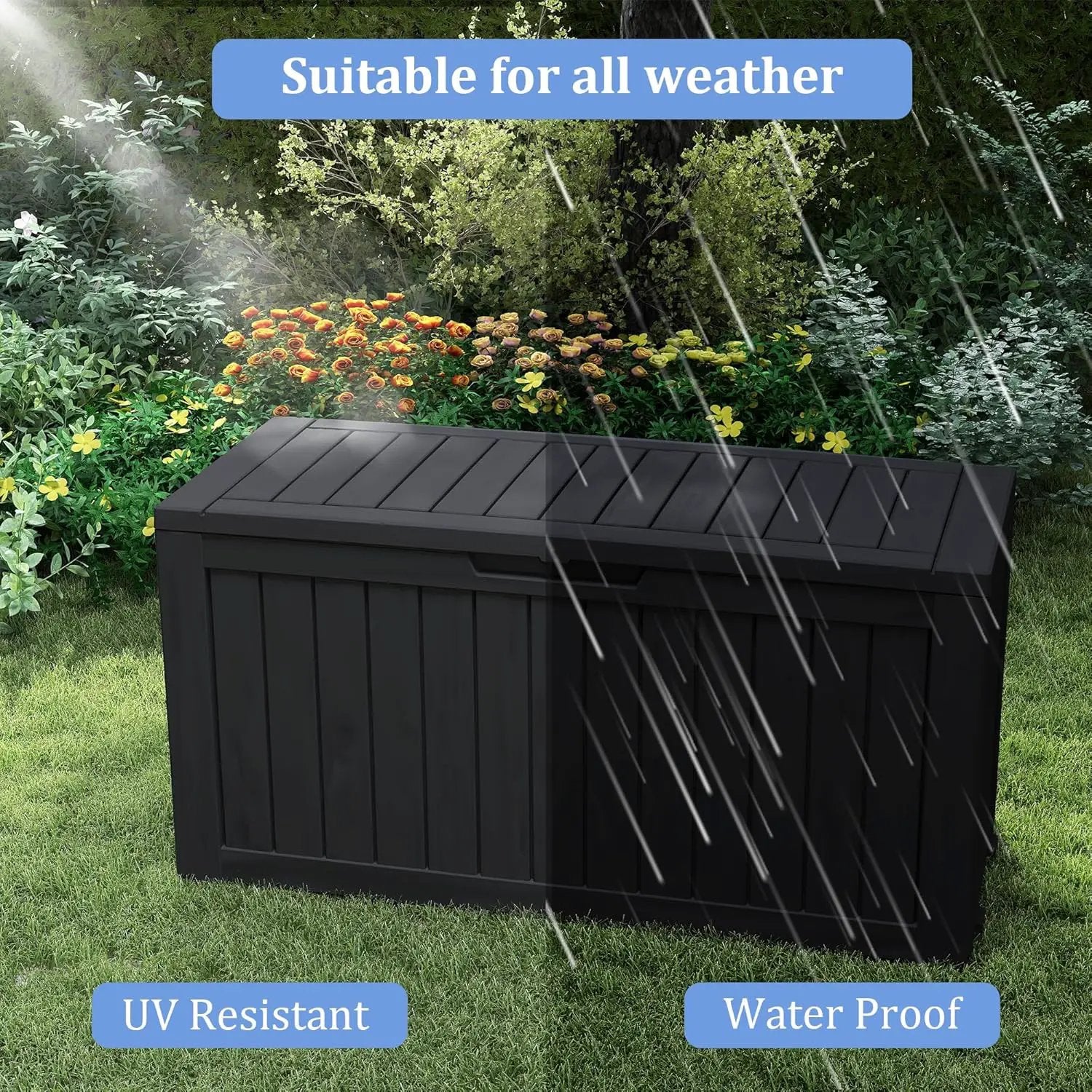 80GAL Black Resin Deck Box - Large Waterproof Storage for Patio Furniture, Pool Floats & Garden Supplies - Lockable, UV-Resistant for Backyards, Pool Decks by GreenHaven Gardens