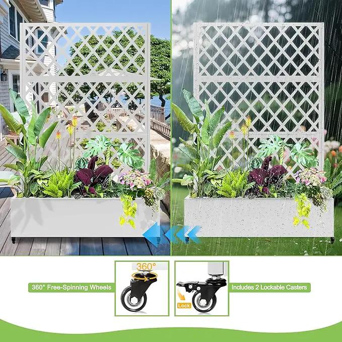 Metal Planter Trellis Box with Wheels & Drain Plug Outdoor Raised Garden Bed Patio Privacy Screen with Planter for Climbing Plants, Vegetables 73"x47"x16" White-Diamond by GreenHaven Gardens