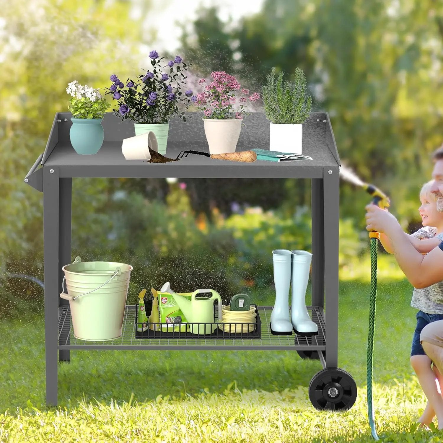 Outdoor Metal Potting Bench with Wheels, Heavy Duty Garden Workbench Table with Storage Shelf (Dark Gray, 36"x38.8") by GreenHaven Gardens
